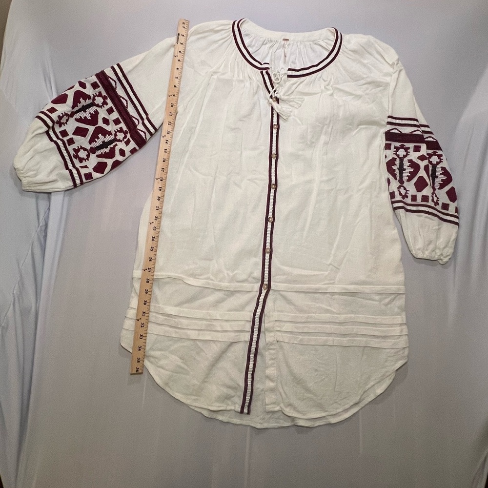 Free People White and Burgundy Long Sleeve Dress